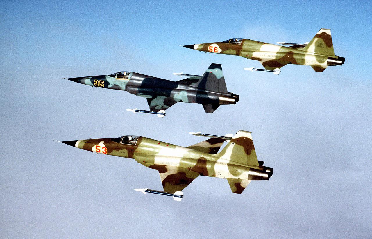 Three F-5E Tiger II aircraft from the 527th Tactical Fighter Training Aggressor Squadron